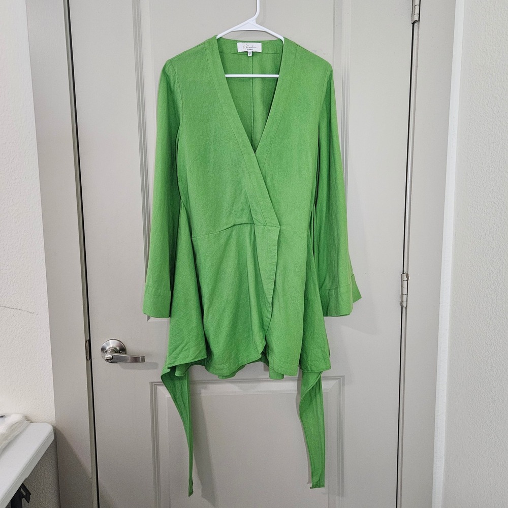 L'Academie Los Angeles Green Linen Blend Wrap Tunic Top Long Sleeve Medium